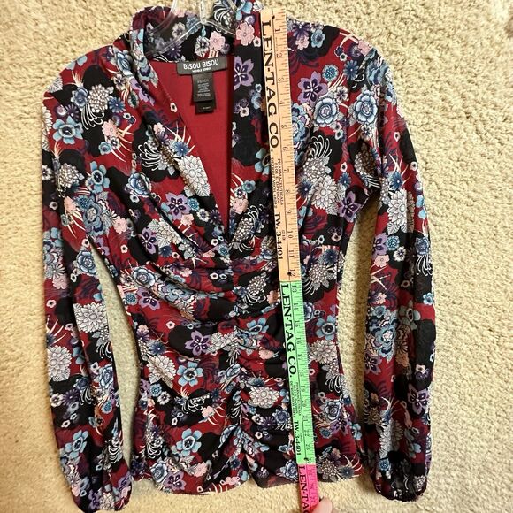 Bisou Bisou Michele Bohbot Floral Semi Sheer Ruched LS Top Whimsygoth Mesh Sz XS - Picture 12 of 15